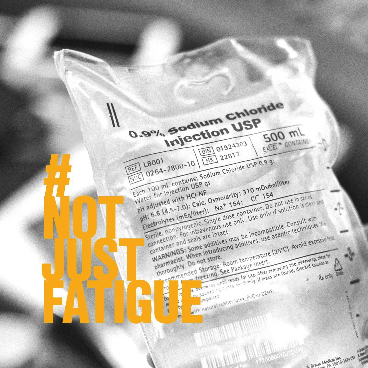 Photo of sodium chloride injection USP bag with #NotJustFatigue